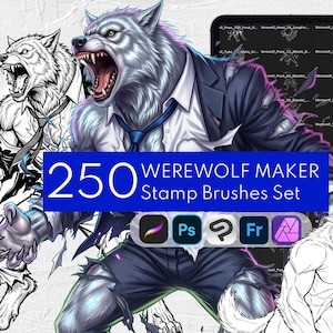 Pode incluir: Um conjunto de arte digital intitulado 250 Werewolf Maker Stamp Brushes Set apresentando uma ilustração central colorida de um lobisomem com terno e gravata rasgados, cercado por esboços em preto e branco de poses e expressões faciais.