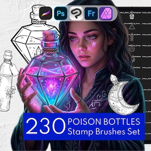 May include: A digital collection of 230 poison bottle stamp brushes for graphic design software. The set includes various black and white line art illustrations of glass bottles, vials, and flasks, featuring decorative elements like crystals and mushrooms.