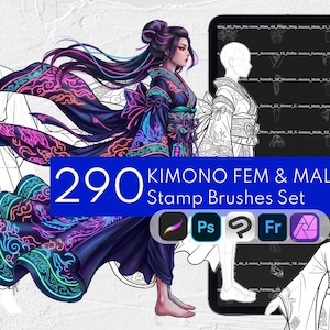 May include: A digital art set featuring 290 Kimono Fem & Male Stamp Brushes for Procreate, Photoshop, Clip Studio Paint, and Fresco. The image displays a central illustration of a person in a dark blue kimono with neon pink and cyan cloud patterns.