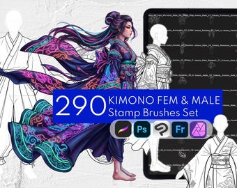 May include: A digital art set featuring 290 Kimono Fem & Male Stamp Brushes for Procreate, Photoshop, Clip Studio Paint, and Fresco. The image displays a central illustration of a person in a dark blue kimono with neon pink and cyan cloud patterns.