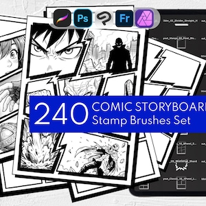 240 Comic Storyboard Stamps | Manga Grids, Webtoon Layouts | Brushes: Procreate, Clip Studio Paint, Photoshop, Affinity Photo, Adobe Fresco