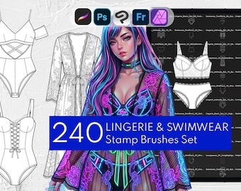 May include: A digital collection of 240 lingerie and swimwear stamp brushes for design software. The image displays technical line drawings of bodysuits and robes alongside a stylized illustration of a character wearing neon-accented lace clothing.