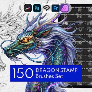May include: A digital art resource featuring 150 dragon stamp brushes for creative software. The display shows a detailed, colorful dragon illustration, two black and white line art dragon sketches, and a menu of brush file names.