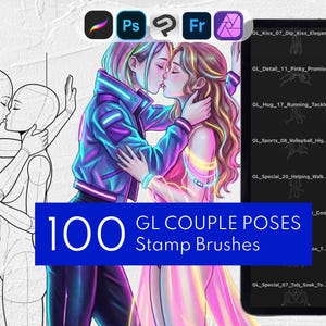 100 pędzli do pozowania par GL, stemple do figurek anime, kobiece ciało mangi: Procreate, Clip Studio Paint, Photoshop, Affinity Photo, Adobe Fresco
