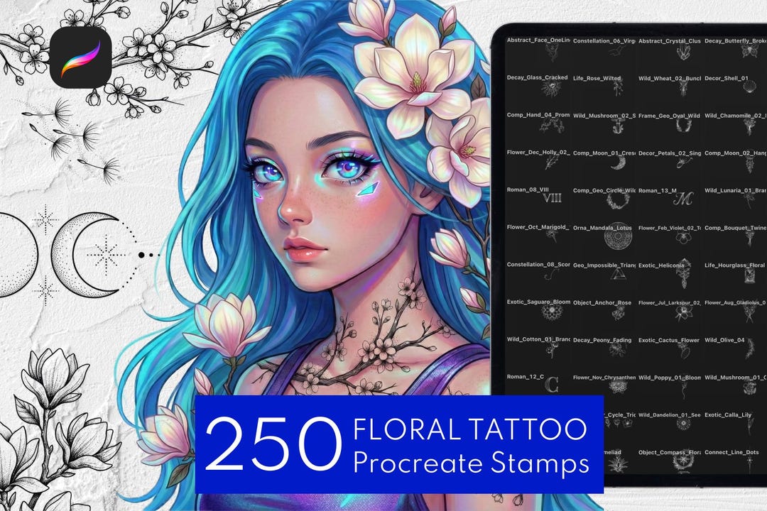 250 Floral Tattoo Procreate Stamps, Botanical Fine Line Brush Set - Etsy