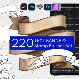 Peut inclure: Un ensemble de tampons numériques comprenant 220 bannières de texte, illustré par un grand ruban brun style parchemin au centre, diverses illustrations de bannières en noir et blanc et une tablette affichant une liste d'options de pinceaux.