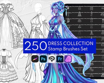 250 Dress Stamp, Fashion Brushes, Clothing Design Anime Manga Base: Procreate, Clip Studio Paint, Photoshop, Affinity Photo, Adobe Fresco