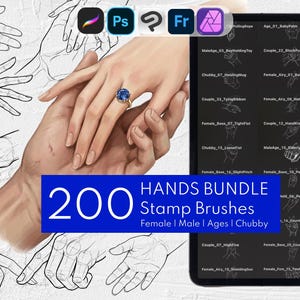 200 Hand Stamps. Female, Male, Couple Reference Guide: Procreate, Clip Studio Paint, Photoshop, Affinity Photo, Adobe Fresco