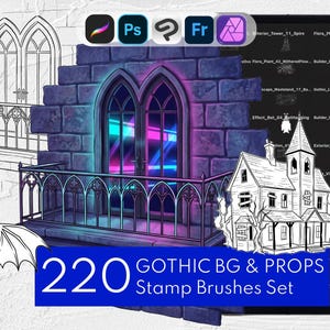 May include: A digital stamp brush set titled 220 GOTHIC BG & PROPS Stamp Brushes Set, featuring line art of a balcony, a haunted house, and a bat, alongside a colored illustration of a stone balcony with neon lighting and software icons.