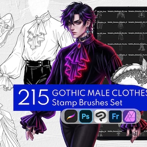 May include: A digital stamp brush set titled 215 GOTHIC MALE CLOTHES featuring line art illustrations of formal shirts, buckled shoes, and a feathered hat, alongside a coloured character wearing a ruffled black shirt with a red gemstone pendant.