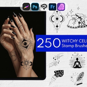 250+ Witchy Celestial Tattoo Stempel: Procreate, Clip Studio Paint, Photoshop, Affinity Photo, Adobe Fresco