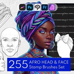 以下が含まれることがあります： 255 AFRO HEAD & FACE Stamp Brushes Setというタイトルのデジタルアートセット。鮮やかなネオン柄のヘッドラップと服を身につけた人物のイラストを中心に、頭部や顔のパーツを描いた白黒の線画スケッチが周囲に配置されています。