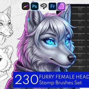 230 Furry Female Head Stamps | Anthro Animal Base, Canine Feline Kit: Procreate, Clip Studio Paint, Photoshop, Affinity Photo, Adobe Fresco