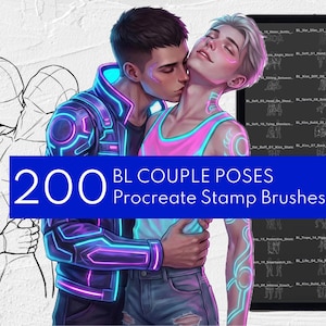Op de afbeelding: Digitale illustratie van twee figuren in een innige omhelzing, met neonaccenten op kleding en huid. De afbeelding bevat de tekst "200 BL COUPLE POSES Procreate Stamp Brushes" op een blauwe banner, en een Procreate app-icoon.