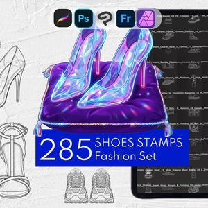 May include: A digital collection of 285 shoe stamps for fashion design, featuring a pair of glowing, faceted, iridescent high-heeled pumps on a purple cushion, alongside various black and white line art sketches of boots, heels, and trainers.