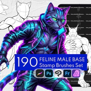Puede incluir: Un recurso de arte digital con 190 pinceles de sello de base felina masculina para software creativo. La imagen muestra un personaje felino antropomórfico central con marcas azul neón y moradas, vistiendo una chaqueta, junto a varios bocetos.