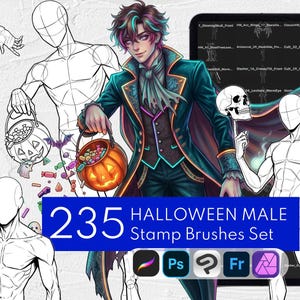 Pode incluir: Um conjunto de recursos digitais intitulado 235 HALLOWEEN MALE Stamp Brushes Set, apresentando um personagem central de casaco azul-escuro segurando um balde de abóbora, rodeado por esboços anatômicos, um crânio, um cálice e ícones de software.