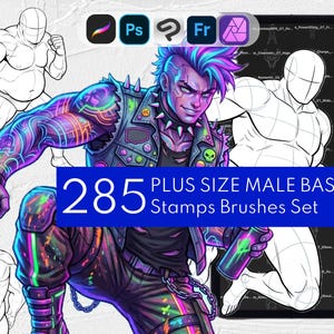 May include: A digital art brush set featuring 285 plus size male bases, including line art sketches of various poses and a central illustration of a punk-style character with neon tattoos, a spiked vest, and a spray paint can on a dark background.