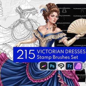 May include: A digital collection titled 215 VICTORIAN DRESSES Stamp Brushes Set featuring an illustration of a person in a blue and pink gown holding a fan, alongside line art sketches of crinoline frames and corsets for graphic design software.