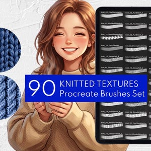 Puede incluir: Conjunto de arte digital con 90 texturas de punto para pinceles Procreate. La imagen incluye una persona sonriente, dos muestras de tela de punto azul y una tableta que muestra el conjunto de pinceles. El texto dice "90 KNITTED TEXTURES Procreate Brushes Set."
