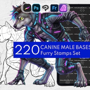 May include: A digital art set featuring 220 canine male bases and furry stamps. The image displays a central anthropomorphic wolf character in a dark tactical outfit with neon blue and pink accents, surrounded by various black and white line art sketches.
