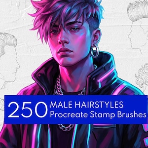 Puede incluir: Ilustración digital de una persona con iluminación rosa y azul, con una chaqueta negra y una cadena plateada. La imagen incluye el texto "250 Male Hairstyles Procreate Stamp Brushes" en una pancarta azul, con bocetos de peinados.