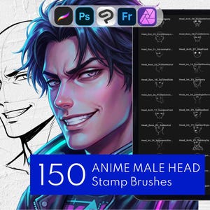 150+ anime-stempelborstels mannelijk hoofd | Gezichtsbasis, hoeken en uitdrukkingen: voortplanten, Clip Studio Paint, Photoshop, Affinity Photo, Adobe Fresco