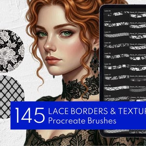 Puede incluir: Suministros de arte digital para Procreate. La imagen presenta a una mujer pelirroja y una tableta que muestra patrones de encaje. El texto dice: "145 Lace Borders & Textures Procreate Brushes."