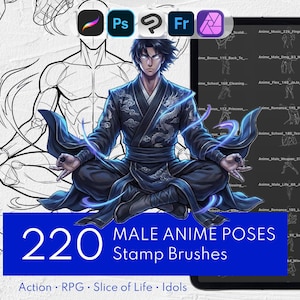 220 Pinceles de poses de anime masculino (Anime Manga): Procreate, Clip Studio Paint, Photoshop, Affinity Photo, Adobe Fresco