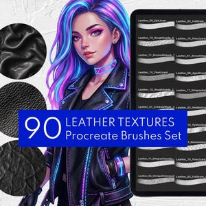 May include: Digital art set featuring 90 leather textures for Procreate brushes. The image includes a stylized illustration of a person with purple and blue hair, a black leather jacket, and a tablet displaying the brush set.