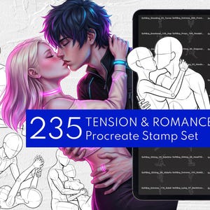 Puede incluir: Set de sellos digitales Procreate "235 Tension & Romance". La imagen muestra una pareja besándose, con una tableta que muestra poses de dibujo de figuras. El logotipo de la aplicación Procreate está en la esquina superior izquierda.