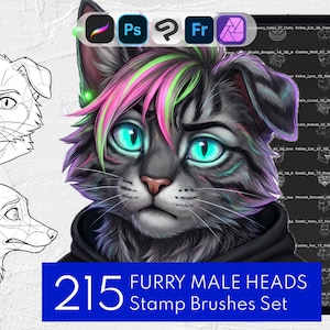 215 Männchenkopf Stempel | Anthro Zeichnung Pinsel Set Furry Art Base: Procreate, Clip Studio Paint, Photoshop, Affinity Photo, Adobe Fresco