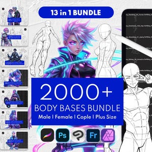 2000+ Procreate Körperbasen Bündel | Anime Pose Stempel & Figuren Zeichenpinsel | Paar Referenz + Clip Studio Paint, Photoshop, Fresko
