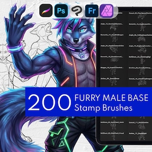 200 Furry Male Base Stamps, Anthro Pose Reference Guide: Procreate, Clip Studio Paint, Photoshop, Affinity Photo, Adobe Fresco