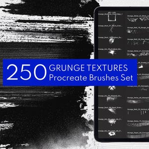 May include: A digital art brushes set for Procreate. The image shows a tablet displaying a collection of grunge textures. The text on the tablet reads "Grunge Textures Procreate Brushes Set". The number "250" is displayed in white text on a blue background.
