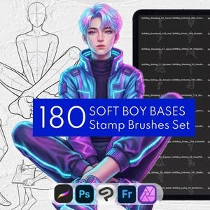 180 Soft Boy Stamp Brushes | Male Anime Pose Base | Manga Body Stamps: Procreate, Clip Studio Paint, Photoshop, Affinity Photo, Adobe Fresco
