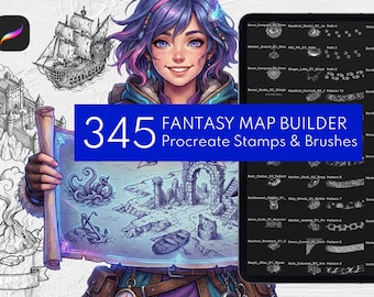345 Fantasy Map Builder Procreate Stamps | Cartography Brushset | Procreate Landscape Brushes