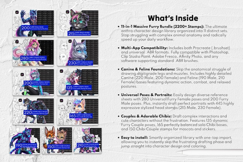 2200+ Furry Base Stamps, Feline Canine Chibi Anthro Pose Reference ...