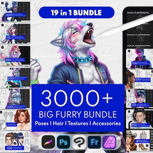 Gran paquete de arte peludo con más de 3000 sellos, bases, poses y cabello: Procreate, Clip Studio Paint, Photoshop, Affinity Photo, Adobe Fresco