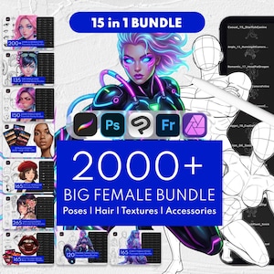 2000+ Stamps Female Poses Hair Anime Manga Eyes Lips Character Design: Procreate, Clip Studio Paint, Photoshop, Affinity Photo, Adobe Fresco