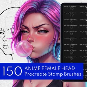 May include: Digital art featuring a woman with pink and blue hair blowing a bubblegum bubble. The image includes a Procreate app icon, line drawings of anime faces, and a tablet screen displaying anime head stamp brushes. Text reads "150 ANIME FEMALE HEAD Procreate Stamp Brushes."