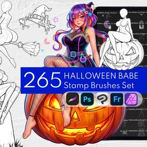 May include: A digital art set titled 265 HALLOWEEN BABE Stamp Brushes Set featuring a colorful anime-style character in a neon-trimmed outfit sitting on a glowing jack-o'-lantern, alongside black and white line art sketches of figures and props.