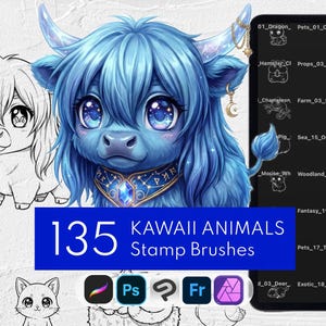 135 Kawaii Tier Briefmarken | Fantasie Wesen, Haustiere Pinselset: Procreate, Clip Studio Paint, Photoshop, Affinity Photo, Adobe Fresco