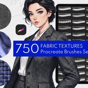 Peut inclure: Illustration numérique d'une femme en blazer gris, avec des échantillons de textures de tissu et un ensemble de pinceaux Procreate. L'image présente le texte "750 Fabric Textures Procreate Brushes Set" en blanc sur une bannière bleue.