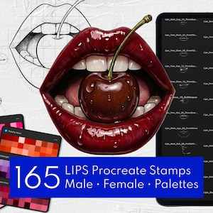 May include: Digital art supplies for Procreate. The image features a close-up of glossy red lips with a cherry, sketches of lips, color palettes, and a tablet displaying lip stamps. The text reads "165 LIPS Procreate Stamps Male • Female • Palettes."