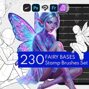 Könnte beinhalten: Ein digitales Kunstset mit dem Titel 230 FAIRY BASES Stamp Brushes Set, das eine zentrale farbenfrohe Feenillustration mit leuchtend blauen und rosa Flügeln zeigt, umgeben von schwarz-weißen Linienskizzen und einer dunklen Menüliste.