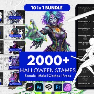 May include: A digital 10 in 1 bundle containing over 2000 Halloween stamps for Procreate, Photoshop, and Clip Studio Paint. The collection features various character bases, clothing, and props, including a central illustration of a zombie.