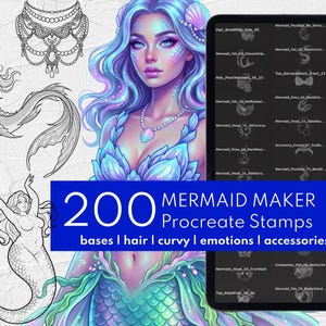 May include: Digital art featuring a mermaid with blue and purple hair and a Procreate stamp set. The image includes sketches of mermaid designs and a tablet displaying various stamps. Text reads "200 MERMAID MAKER Procreate Stamps".