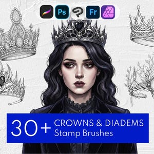 Plus de 30 pinceaux pour tampons couronnes et diadèmes : Procreate, Clip Studio Paint, Photoshop, Affinity Photo, Adobe Fresco