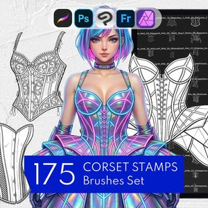 Pode incluir: Uma coleção de arte digital intitulada 175 Corset Stamps Brushes Set, apresentando um personagem central em um espartilho holográfico, cercado por vários esboços de espartilhos em preto e branco e um painel de interface de software.